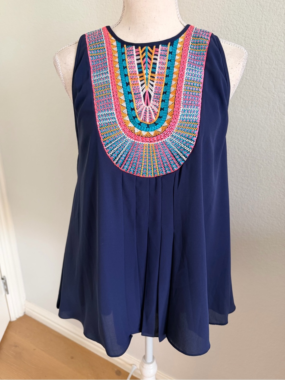 Navy Anthropologie Sleeveless Embroidered Tank Top